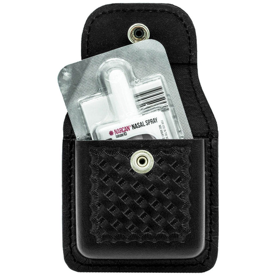 Ballistic Narcan® Nasal Spray Case (Plain Black/Basket Weave) Fits up to 2.25" belt. All finishes come with a red cross emblem on the front.