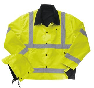 587MFL ANSI 3 Reversible Rain Jacket w/Hood, Fluorescent Yellow/Black